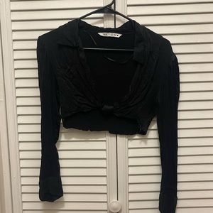zara black silk longsleeve crop top